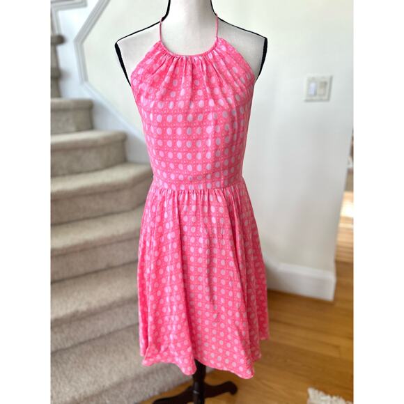 Vineyard Vines Neon Pink Silk Cane Print Halter Dress - Picture 2 of 8